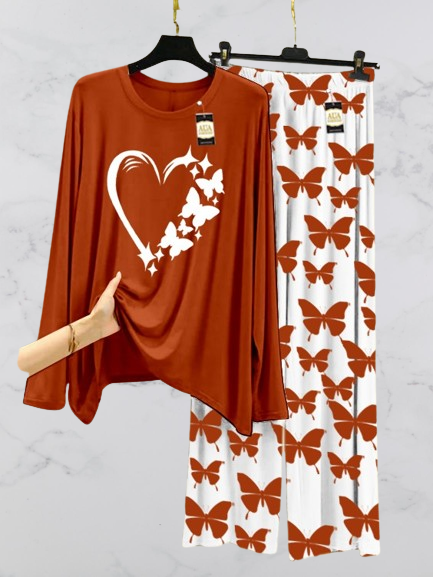 Beige Colour Women Heart Printed Nightwear Set with Butterfly Printed Trousers – Women's Lounge Wear (003)