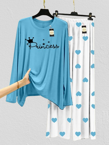 Aqua Blue Princess  Mini Heart Printed Trouser (001)