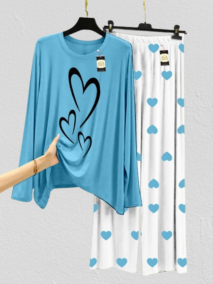 Aqua Blue Multi Heart Mini Heart Printed Trouser (001)