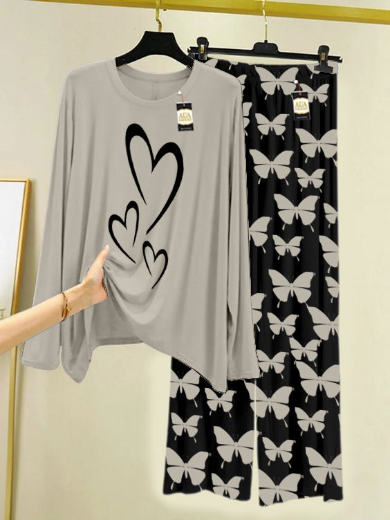 GREY Multi Heart Printed Nightwear Set With Black Butterfly Printed Trousers – Women's Lounge Wear (007)