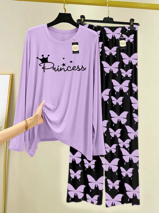 PURPLE Princess  Printed Nightwear Set With Black Butterfly Printed Trousers – Women's Lounge Wear (007)