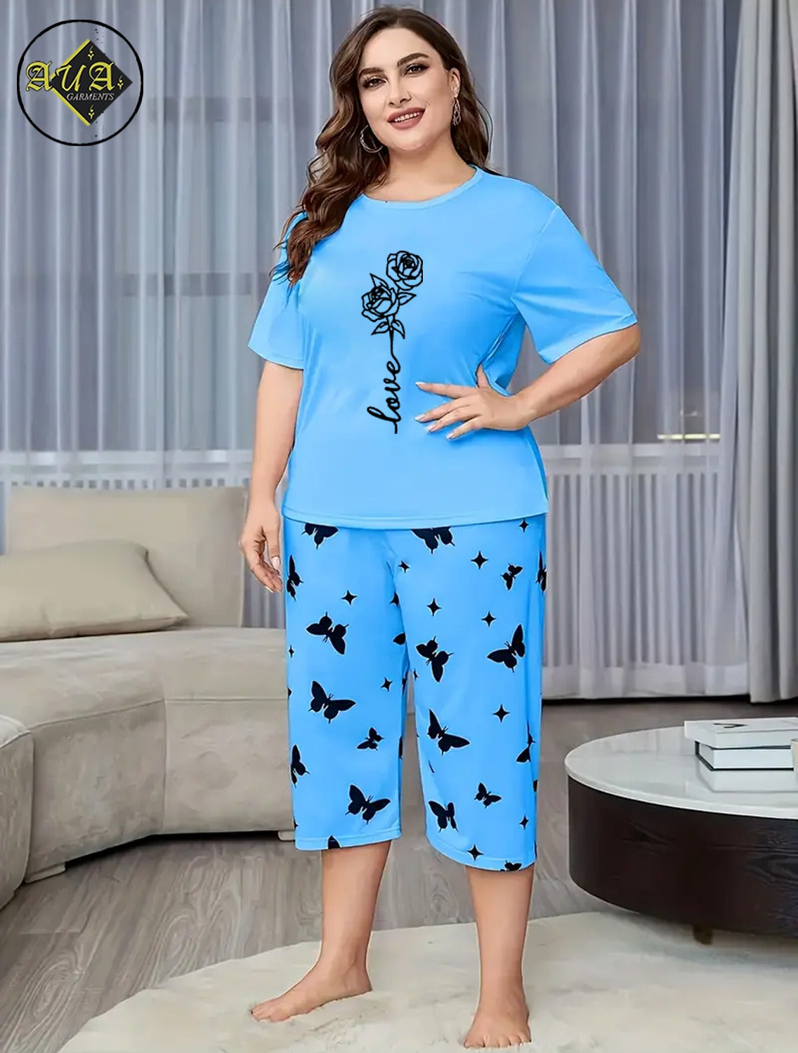Sky Blue Rose love Printed Half-Sleeved Vest For Leisure Home Wear Female Sleepwear Night Dress By Aua garments