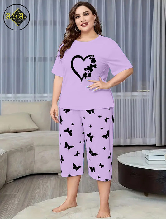 Purple women heart Printed Half-Sleeved Vest For Leisure Home Wear Female Sleepwear Night Dress By Aua garments