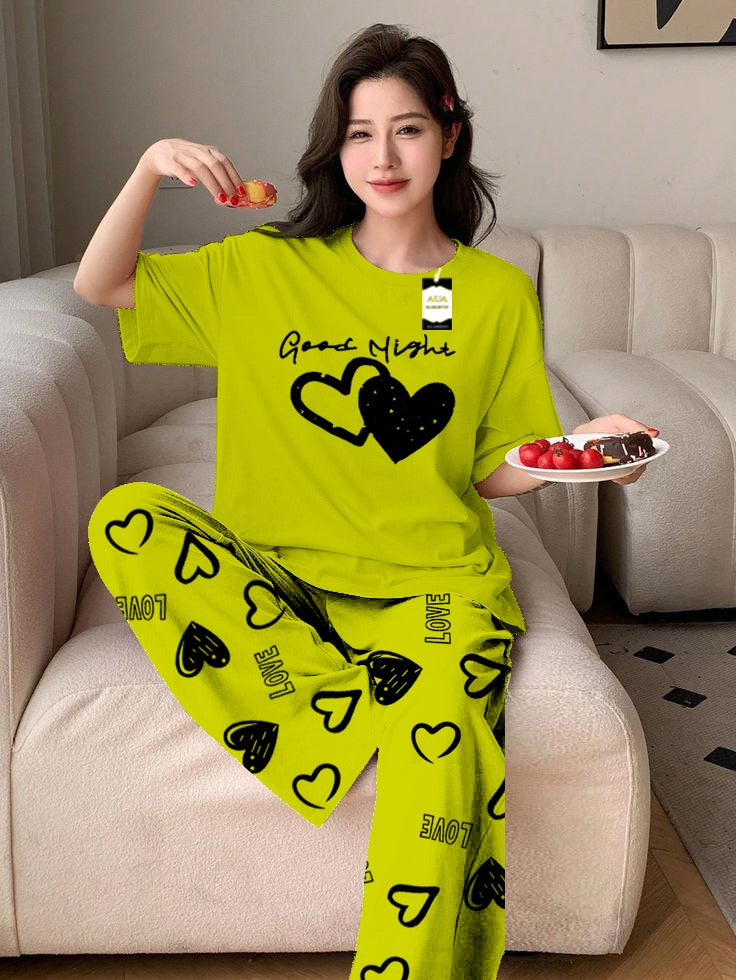 Light Green Good Night Printed Nightwear Set With Love Heart Printed Trousers – Women's Lounge Wear (011)