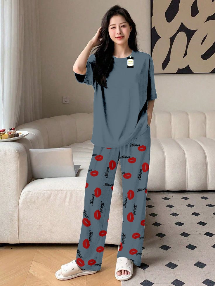 Plan Aqua Blue Printed Nightwear Set With Kiss Printed Trousers – Women's Lounge Wear (014)