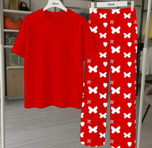 Plan Brown Printed Nightwear Set With Star Butterfly Printed Trousers – Women's Lounge Wear (010)