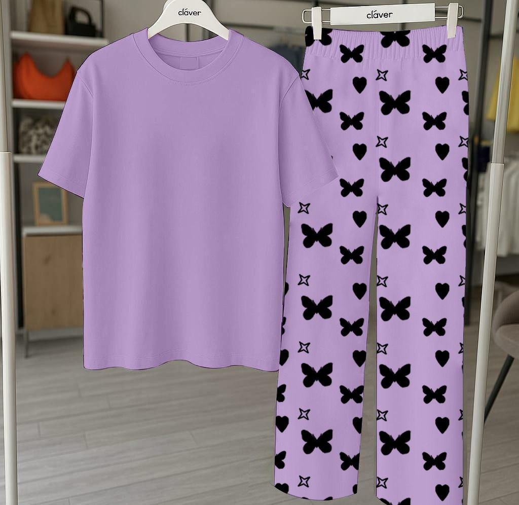 Plan Purple Printed Nightwear Set With Star Butterfly Printed Trousers – Women's Lounge Wear (010)