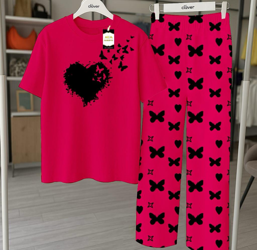 Pink Flying Heart Printed Nightwear Set With Star Butterfly Printed Trousers – Women's Lounge Wear (010)