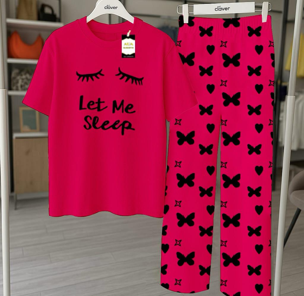 Pink Let Me Sleep Printed Nightwear Set With Star Butterfly Printed Trousers – Women's Lounge Wear (010)