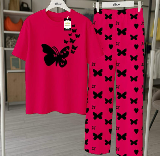 Pink Flying Butterfly Printed Nightwear Set With Star Butterfly Printed Trousers – Women's Lounge Wear (010)