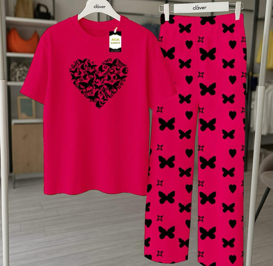 Pink Butterfly Heart Printed Nightwear Set With Star Butterfly Printed Trousers – Women's Lounge Wear (010)