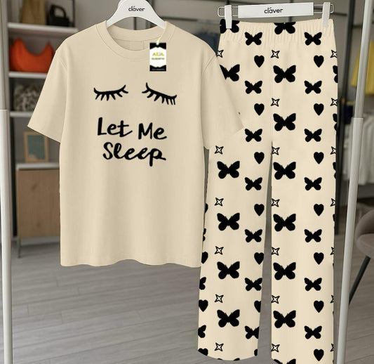 Grey Let ME Sleep Printed Nightwear Set With Star Butterfly Printed Trousers – Women's Lounge Wear (010)