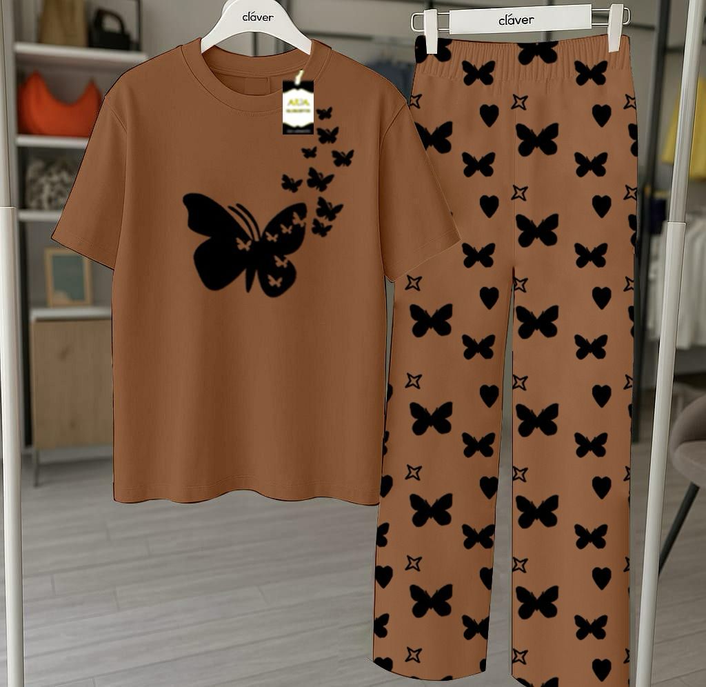 Brown Flying Butterfly Printed Nightwear Set With Star Butterfly Printed Trousers – Women's Lounge Wear (010)