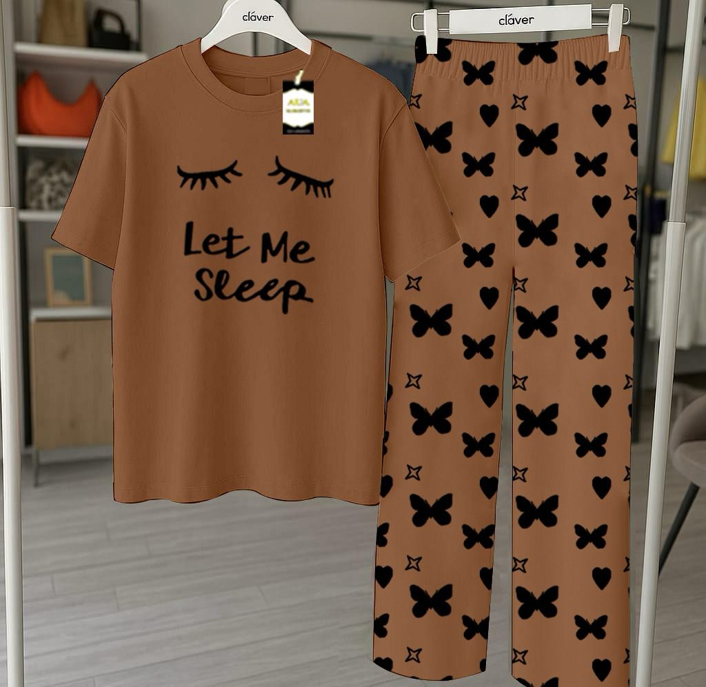 Brown Let Me Sleep Printed Nightwear Set With Star Butterfly Printed Trousers – Women's Lounge Wear (010)