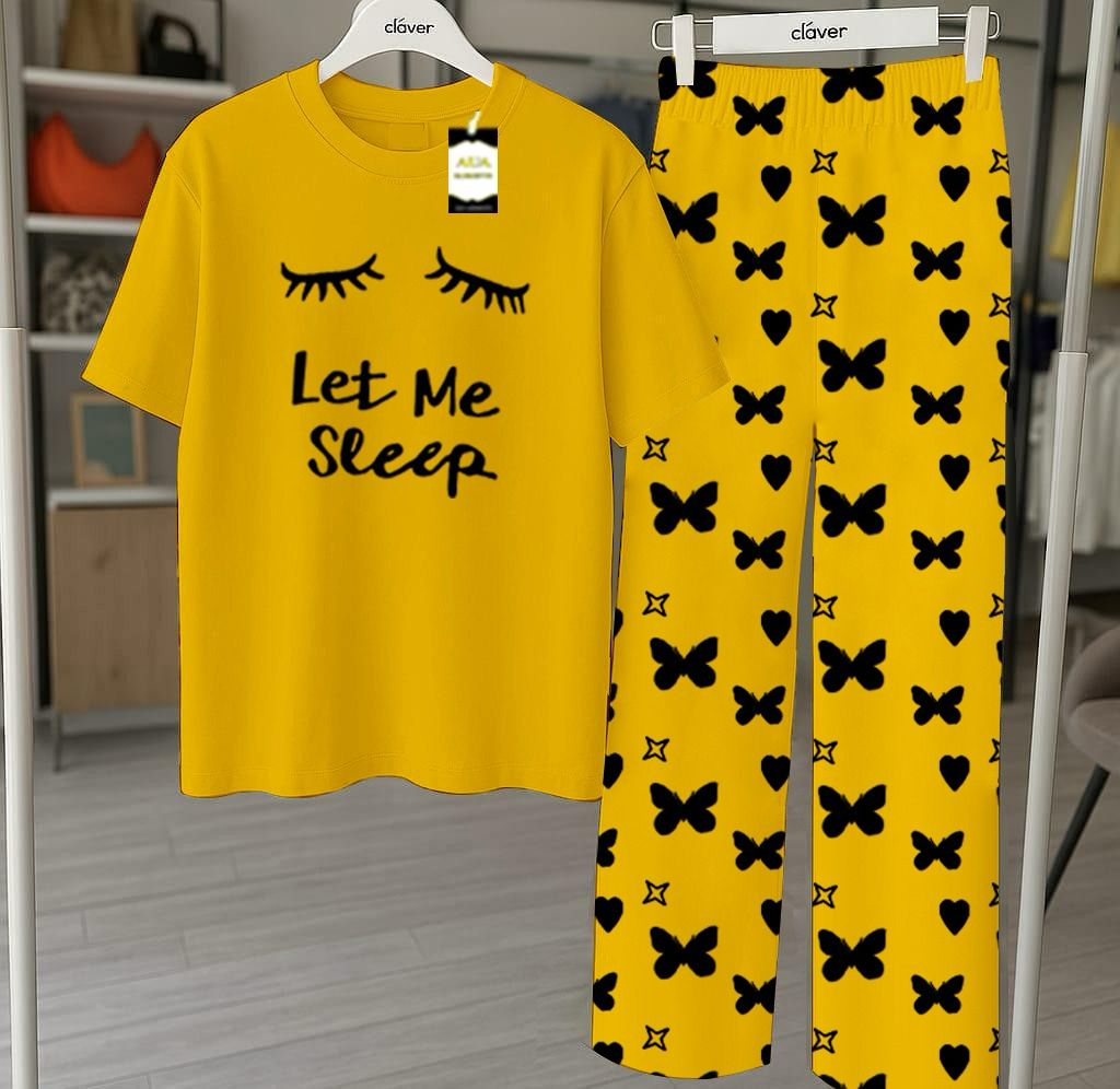 Yellow Let Me Sleep Printed Nightwear Set With Star Butterfly Printed Trousers – Women's Lounge Wear (010)
