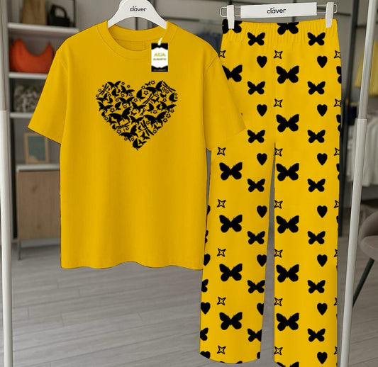 Yellow Butterfly Heart Printed Nightwear Set With Star Butterfly Printed Trousers – Women's Lounge Wear (010)