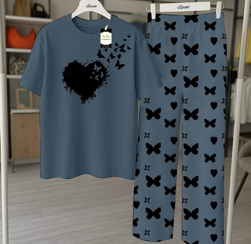 Aqua Blue  Flying Heart Printed Nightwear Set With Star Butterfly Printed Trousers – Women's Lounge Wear (010)