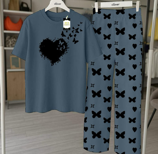 Aqua Blue  Flying Heart Printed Nightwear Set With Star Butterfly Printed Trousers – Women's Lounge Wear (010)