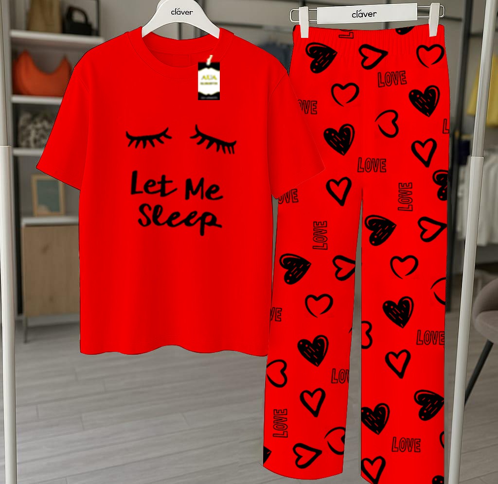 Red Let Me Sleep Printed Nightwear Set With Star Butterfly Printed Trousers – Women's Lounge Wear (010)