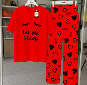 Red Let Me Sleep Printed Nightwear Set With Star Butterfly Printed Trousers – Women's Lounge Wear (010)