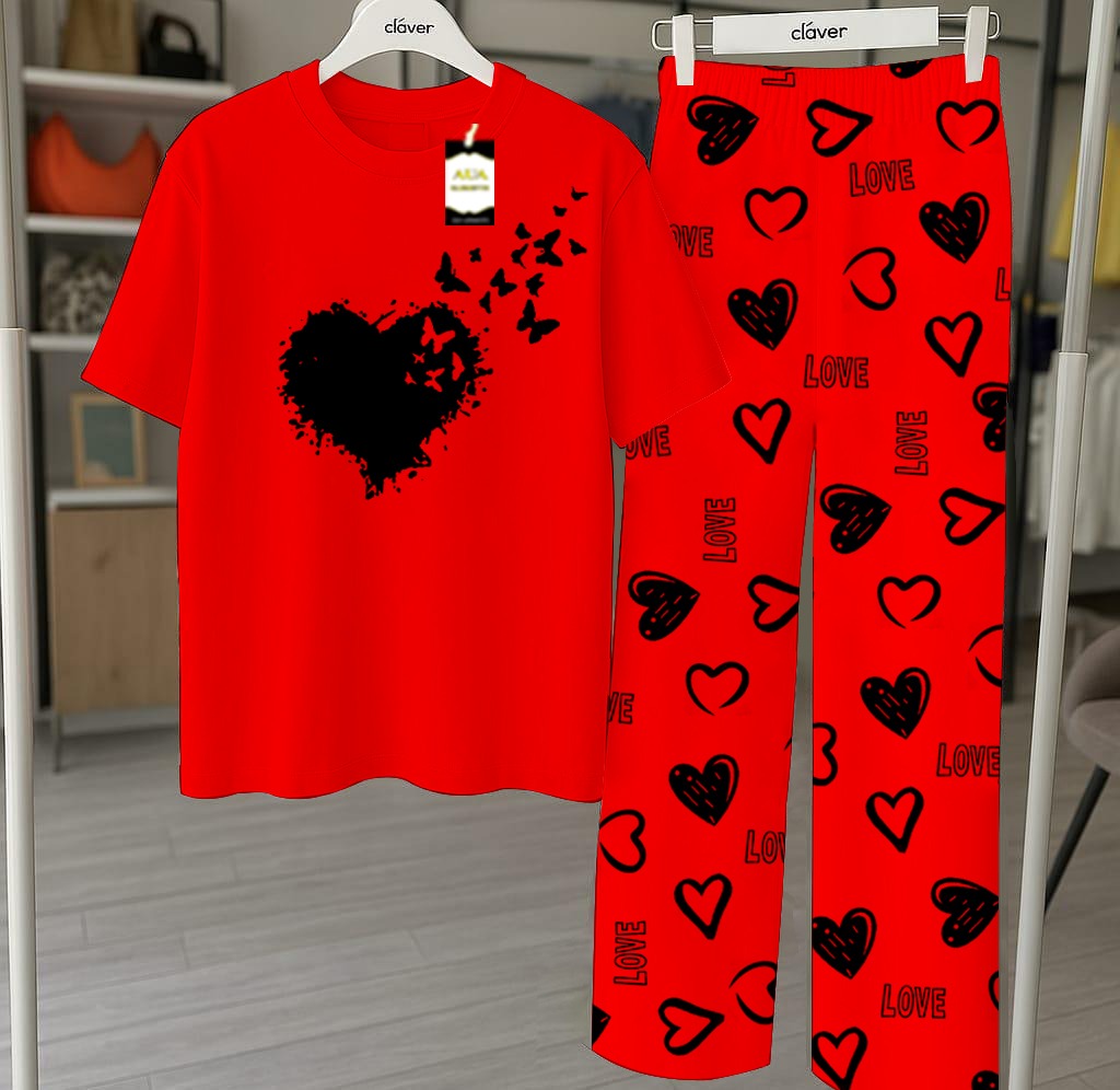 Red Flying Heart Printed Nightwear Set With Star Butterfly Printed Trousers – Women's Lounge Wear (010)