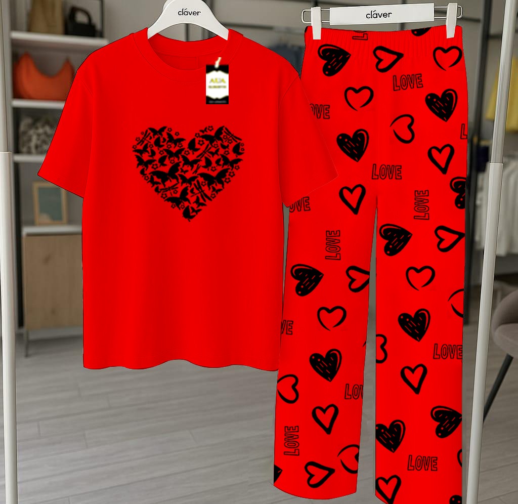 Red Butterfly Heart Printed Nightwear Set With Star Butterfly Printed Trousers – Women's Lounge Wear (010)