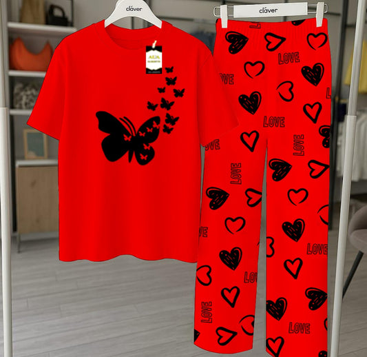 Red Flying Butetrfly Printed Nightwear Set With Star Butterfly Printed Trousers – Women's Lounge Wear (010)