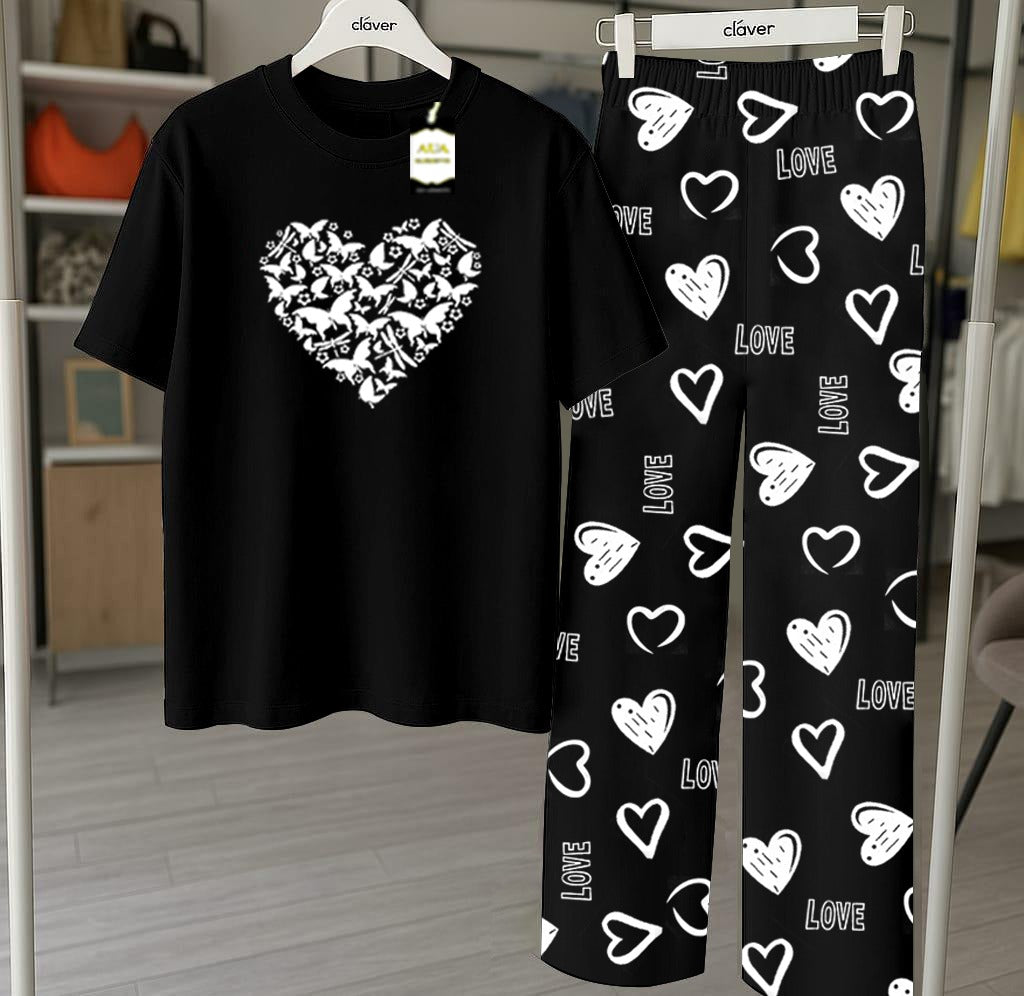 Black Butterfly Heart Printed Nightwear Set With Star Butterfly Printed Trousers – Women's Lounge Wear (010)