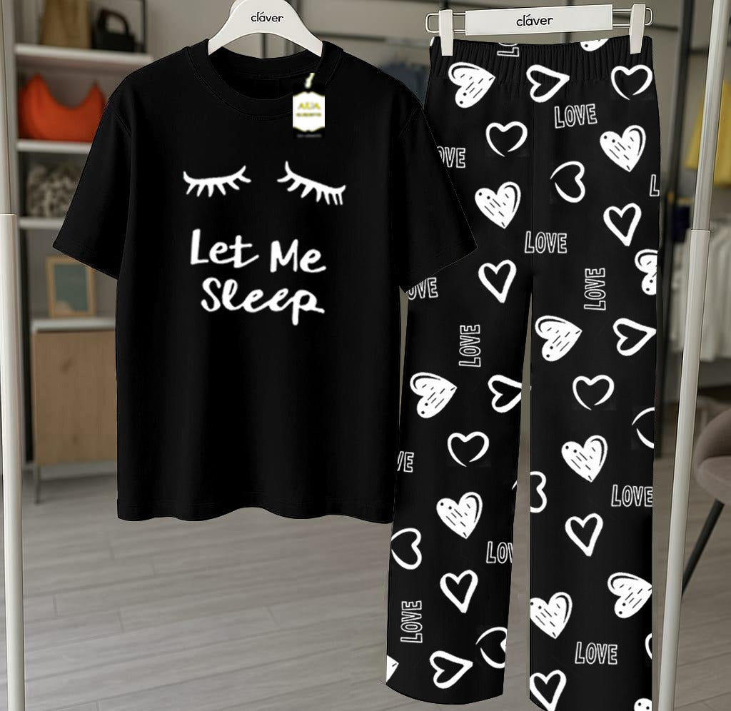 Black Let Me Sleep Printed Nightwear Set With Star Butterfly Printed Trousers – Women's Lounge Wear (010)