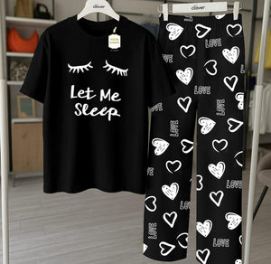 Black Let Me Sleep Printed Nightwear Set With Star Butterfly Printed Trousers – Women's Lounge Wear (010)