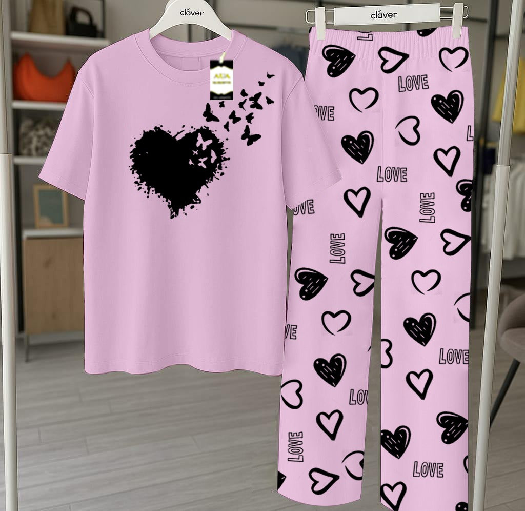 Purple Flying Heart Printed Nightwear Set With Star Butterfly Printed Trousers – Women's Lounge Wear (010)