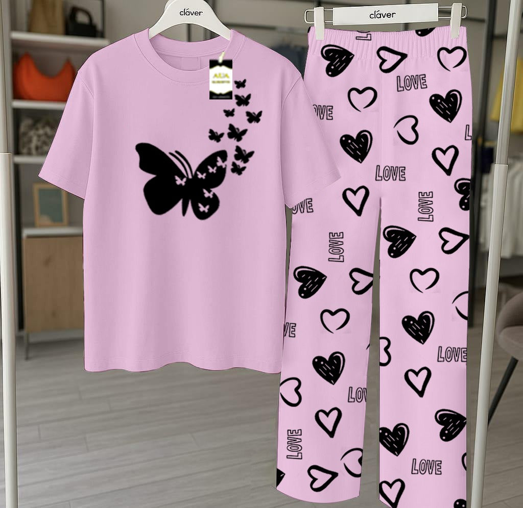 Purple Flying Butterfly Printed Nightwear Set With Star Butterfly Printed Trousers – Women's Lounge Wear (010)