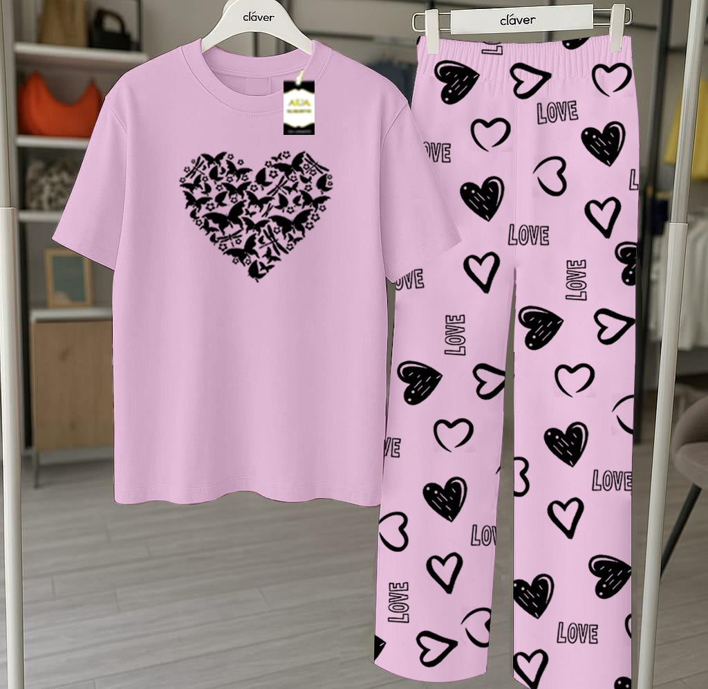 Purple Butterfly Heart Printed Nightwear Set With Star Butterfly Printed Trousers – Women's Lounge Wear (010)