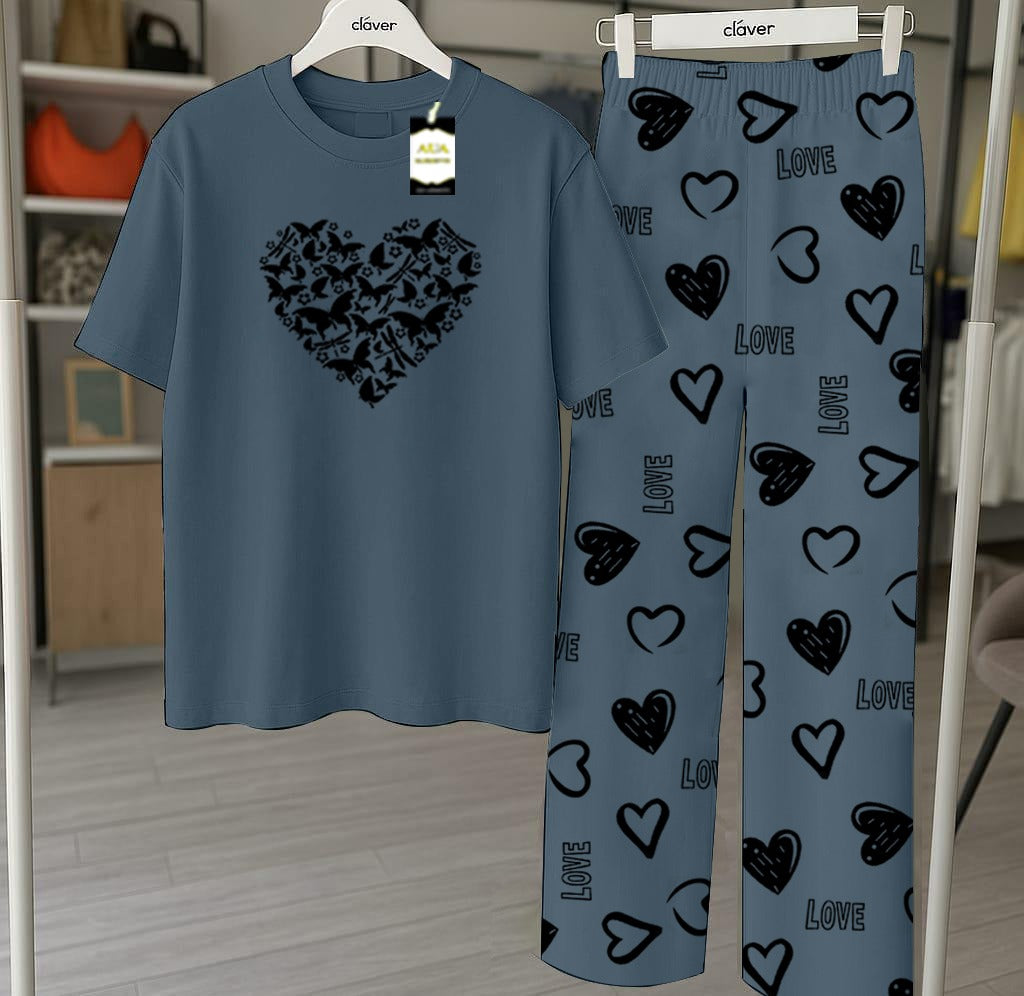Aqua Blue Butterfly Heart Printed Nightwear Set With Star Butterfly Printed Trousers – Women's Lounge Wear (010)
