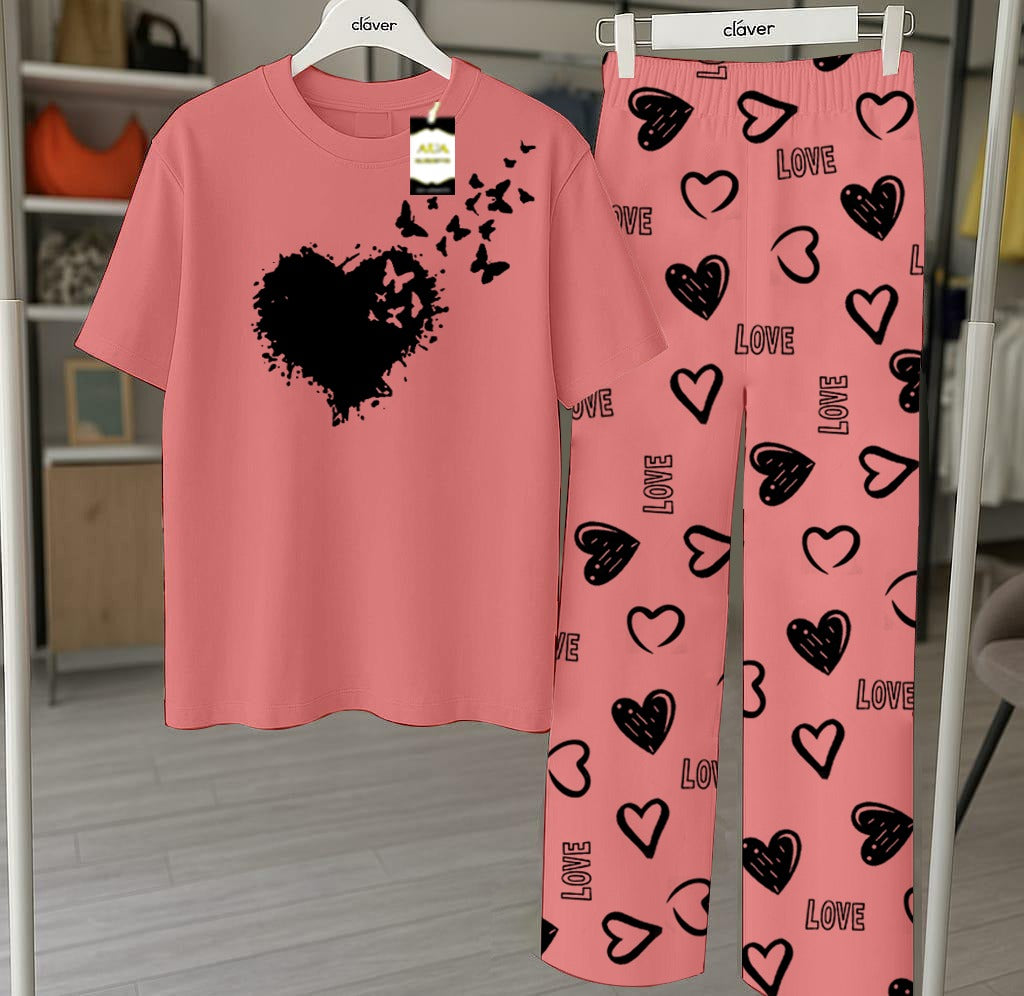 Peach Flying Butterfly Printed Nightwear Set With Star Butterfly Printed Trousers – Women's Lounge Wear (010)