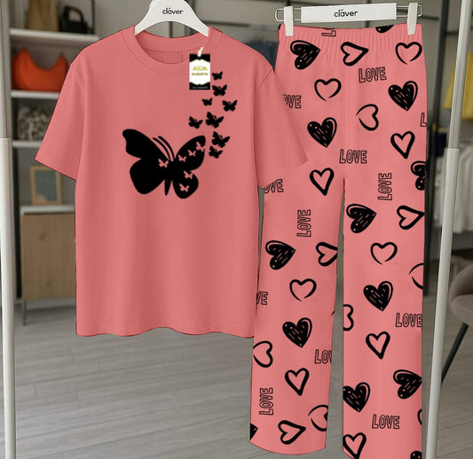 Peach Flying Butterfly Printed Nightwear Set With Star Butterfly Printed Trousers – Women's Lounge Wear (010)