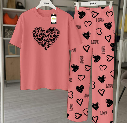 Peach Butterfly Heart Printed Nightwear Set With Star Butterfly Printed Trousers – Women's Lounge Wear (010)