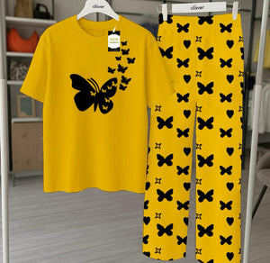 Yellow Flying Butterfly Printed Nightwear Set With Star Butterfly Printed Trousers – Women's Lounge Wear (010)