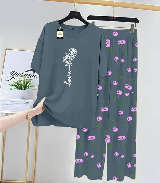 AQUA BLUE ROSE LOVE Printed Nightwear Set With Cherry Printed Printed Trousers – Women's Lounge Wear (014)