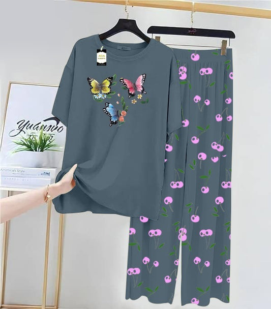 AQUA BLUE MULTI BUTTERFLY Printed Nightwear Set With Cherry Printed Printed Trousers – Women's Lounge Wear (014)