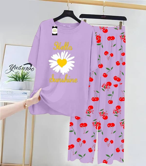 PURPLE SUNFLOWER Printed Nightwear Set With Cherry Printed Printed Trousers – Women's Lounge Wear (014)