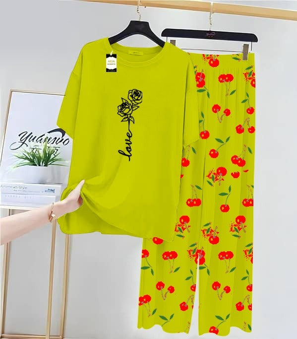 GREEN ROSE LOVE Printed Nightwear Set With Cherry Printed Printed Trousers – Women's Lounge Wear (014)