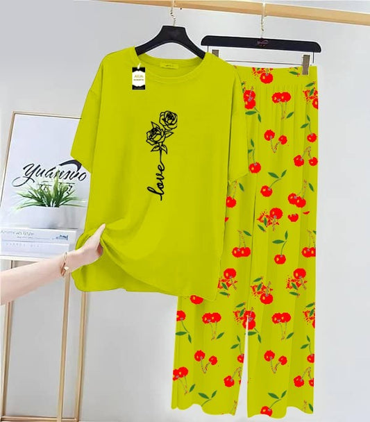 GREEN ROSE LOVE Printed Nightwear Set With Cherry Printed Printed Trousers – Women's Lounge Wear (014)