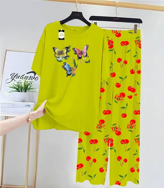 GREEN MULTI HEART Printed Nightwear Set With Cherry Printed Printed Trousers – Women's Lounge Wear (014)