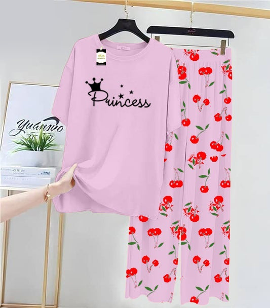 Baby Pink Princess Printed Nightwear Set With Cherry Printed Printed Trousers – Women's Lounge Wear (014)