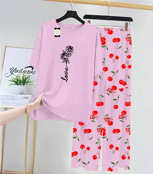 Baby pink Rose Love Printed Nightwear Set With Cherry Printed Printed Trousers – Women's Lounge Wear (014)