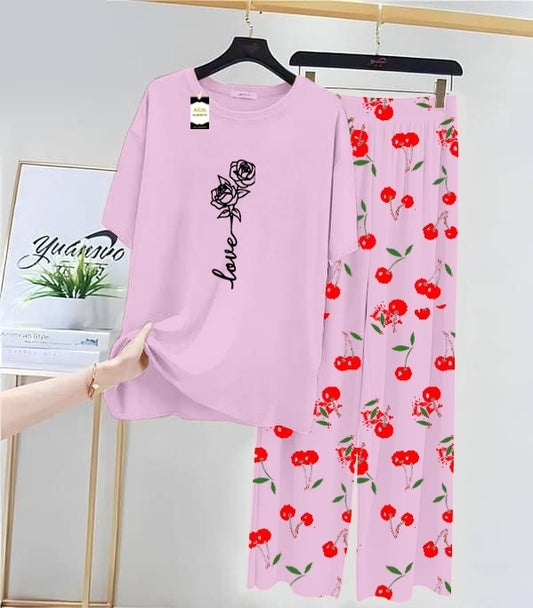Baby pink Rose Love Printed Nightwear Set With Cherry Printed Printed Trousers – Women's Lounge Wear (014)