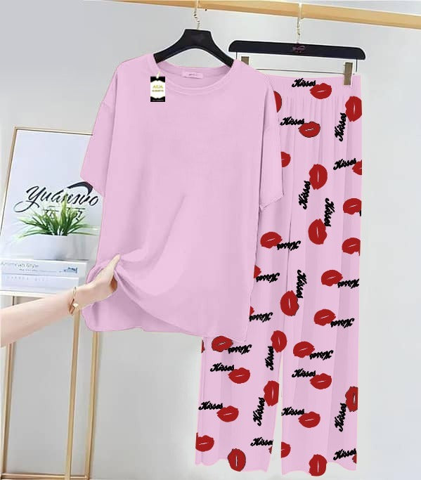 Plan Baby Pink Printed Nightwear Set With Kiss Printed Trousers – Women's Lounge Wear (014)