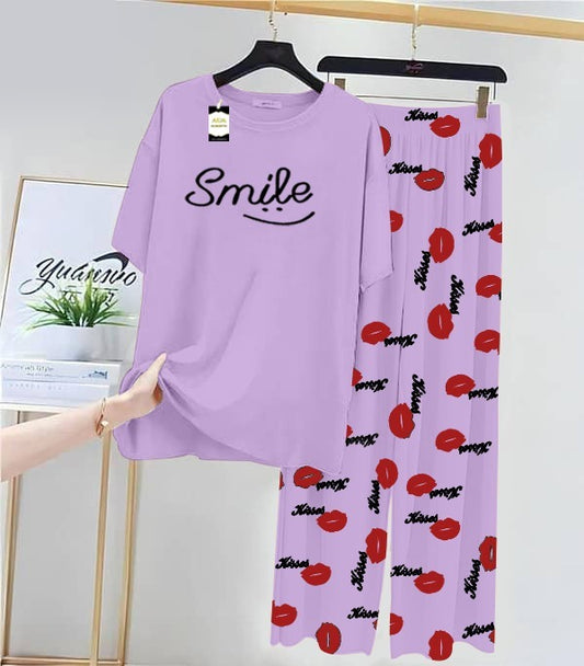 Purple Smile Printed Nightwear Set With Kiss Printed Trousers – Women's Lounge Wear (014)