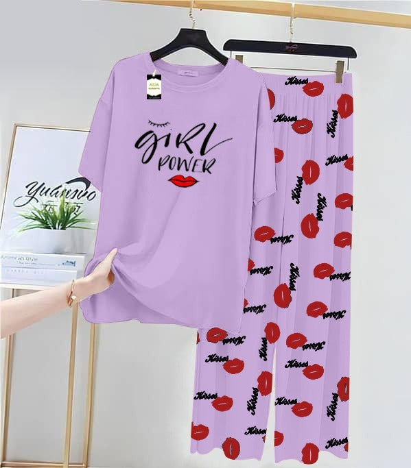 Purple Girls Power Printed Nightwear Set With Kiss Printed Trousers – Women's Lounge Wear (014)
